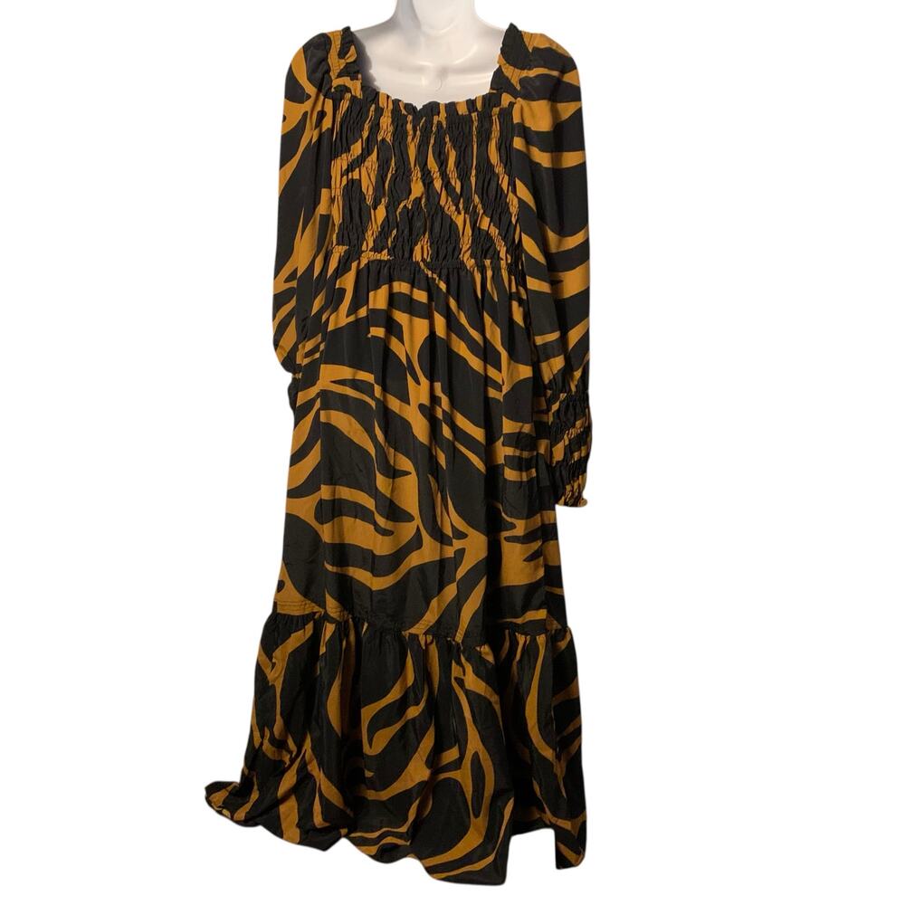TOPSHOP Shirred Long Sleeve Maxi Dress In Black Brown Multi - Picture 7 of 14